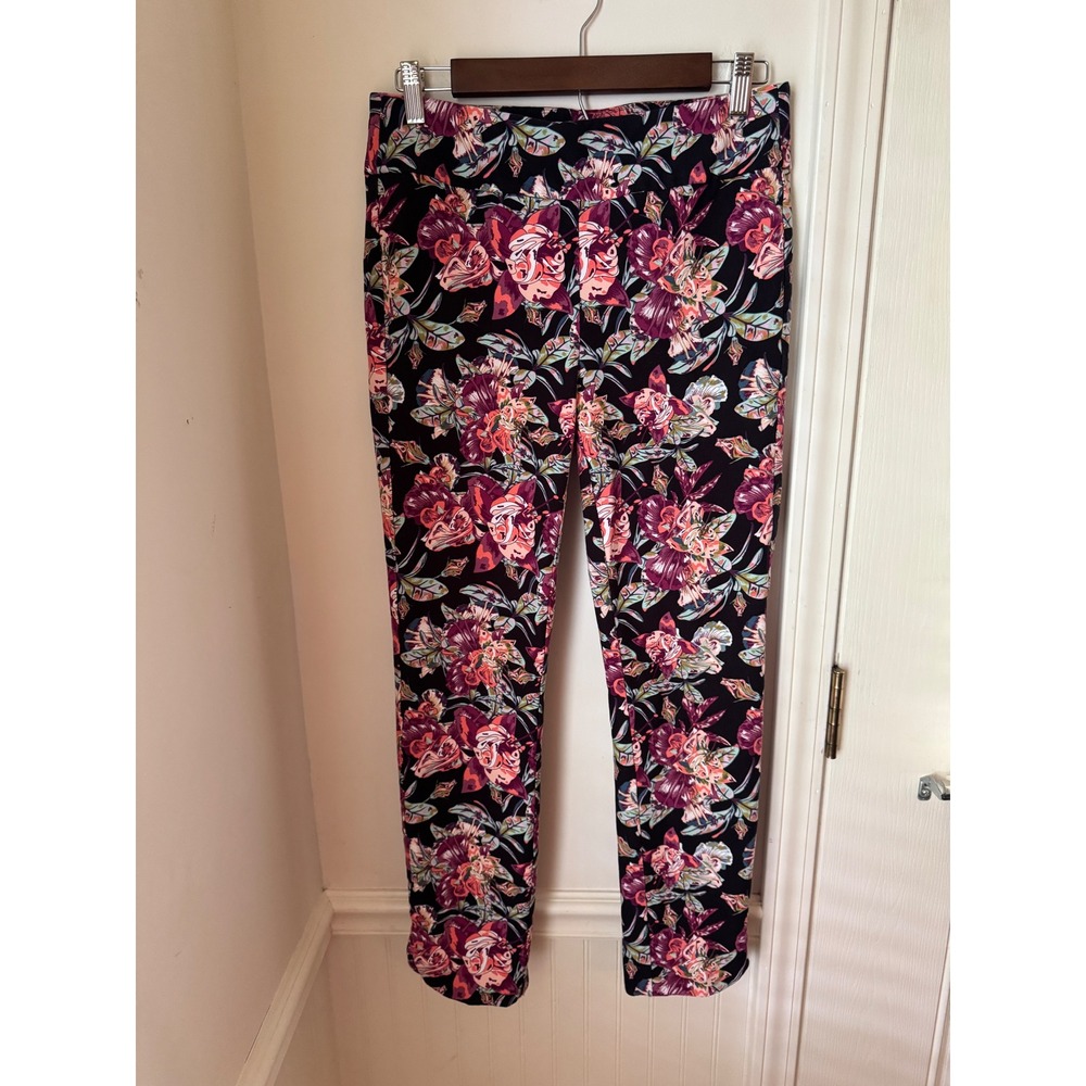 Soft Surroundings Floral Slim Leg Pull On Pants Purple Pink Black 2DK17 Small